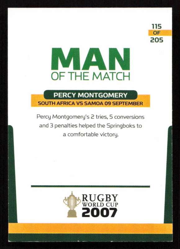 Rugby World Cup 2007 - Card 115/205 - Percy Montgomery