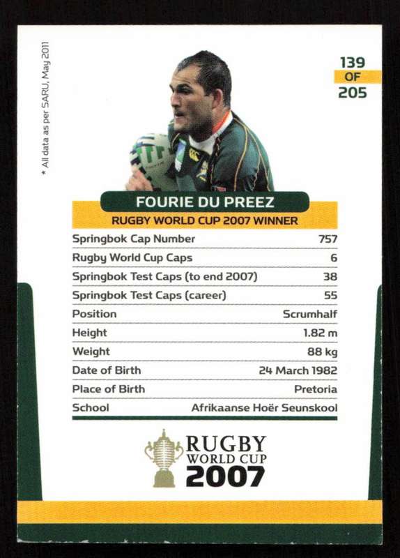 Rugby World Cup 2007 - Card 139/205 - Fourie Du Preez