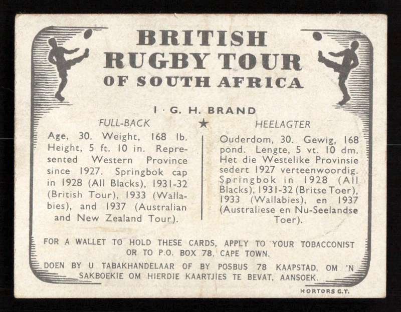 United Tobacco 1938 British Rugby Tour Cigarette Card 1 G. H. Brand