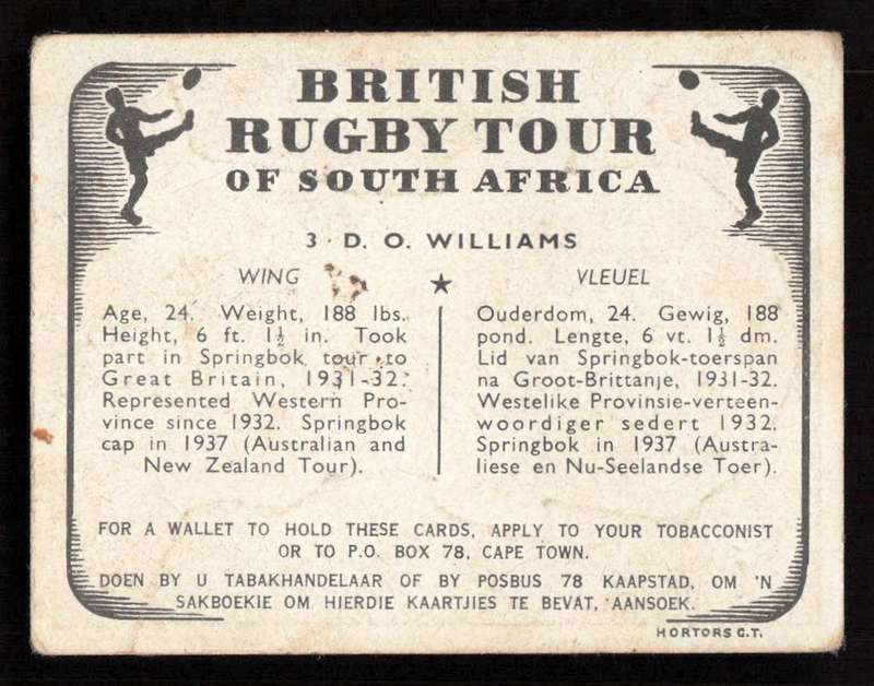 United Tobacco 1938 British Rugby Tour Cigarette Card 3 D. O. Williams