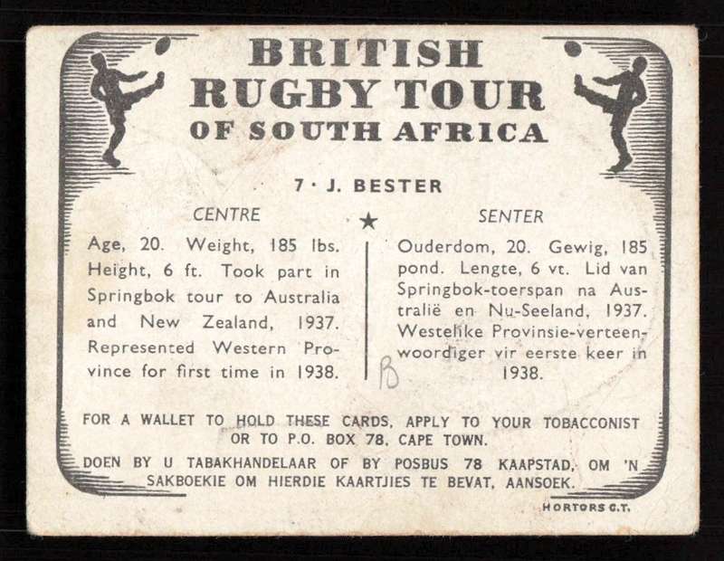 United Tobacco 1938 British Rugby Tour Cigarette Card 7 J. Bester