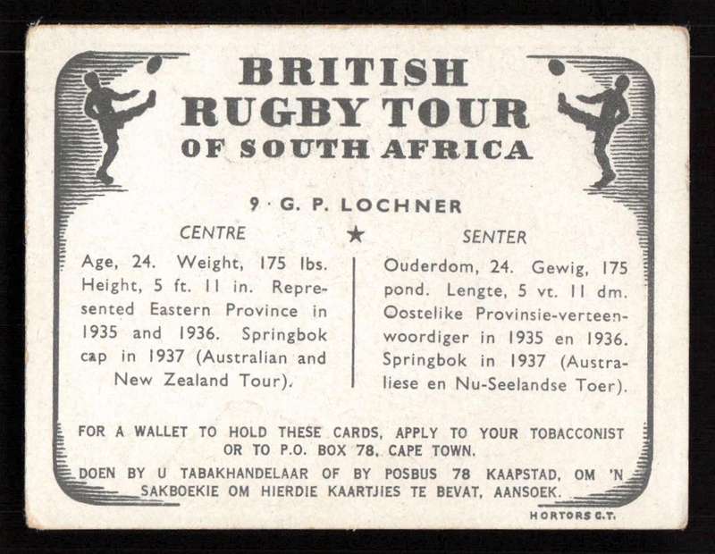 United Tobacco 1938 British Rugby Tour Cigarette Card 9 G. P. Lochner