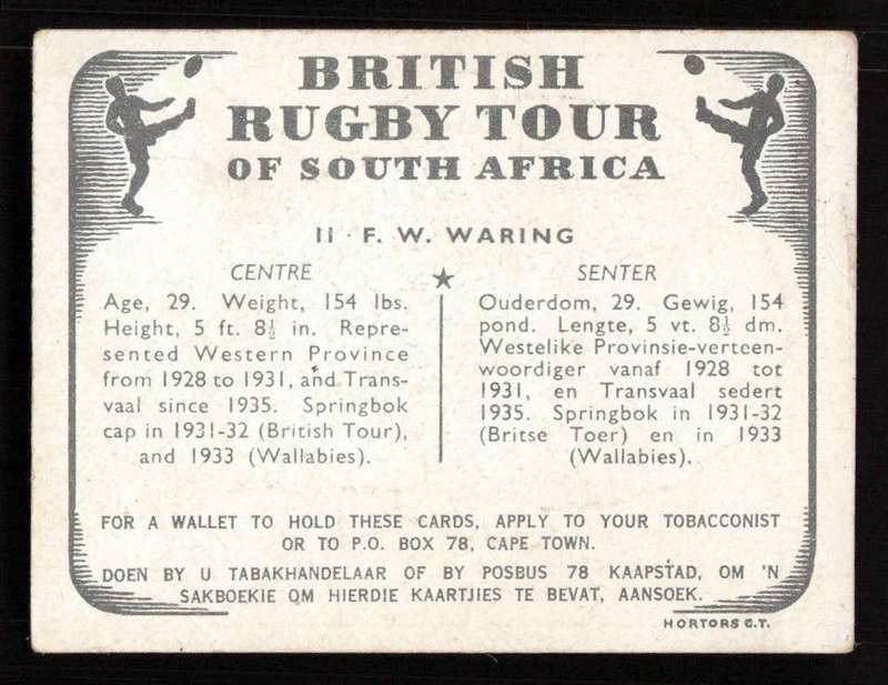 United Tobacco 1938 British Rugby Tour Cigarette Card 11 F. W. Waring
