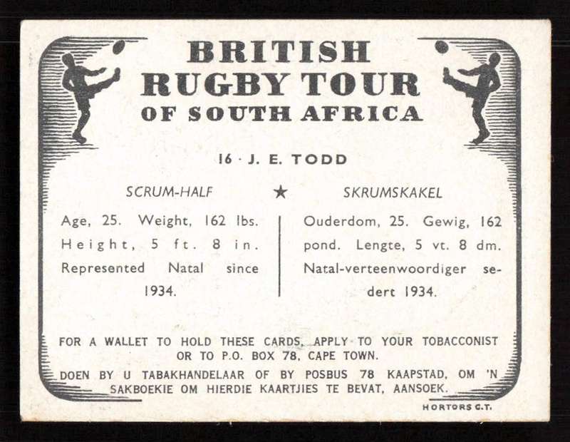 United Tobacco 1938 British Rugby Tour Cigarette Card 16 J. E. Todd