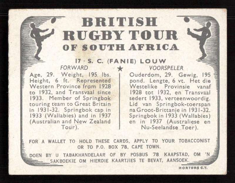 United Tobacco 1938 British Rugby Tour Cigarette Card 17 S. C. (Fanie) Louw