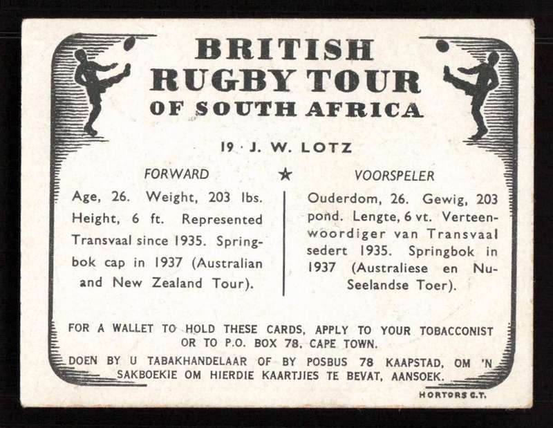 United Tobacco 1938 British Rugby Tour Cigarette Card 19 J. W. Lotz