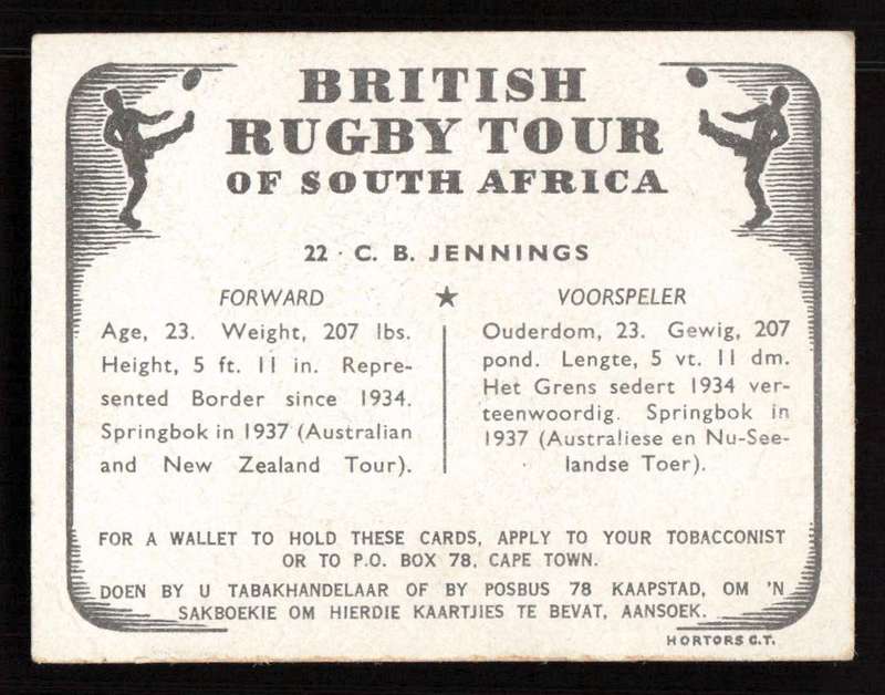 United Tobacco 1938 British Rugby Tour Cigarette Card 22 C. B. Jennings