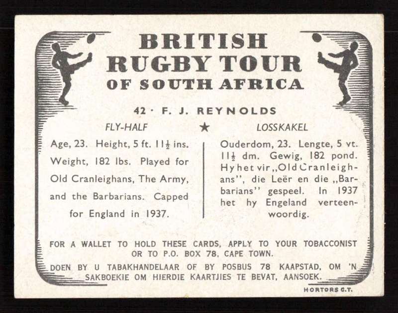 United Tobacco 1938 British Rugby Tour Cigarette Card 42 F. J. Reynolds