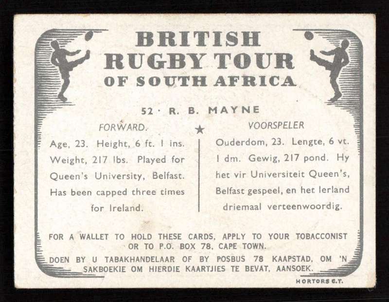 United Tobacco 1938 British Rugby Tour Cigarette Card 52 R. B. Mayne