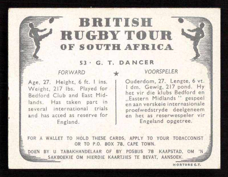 United Tobacco 1938 British Rugby Tour Cigarette Card 53 G. T. Dancer