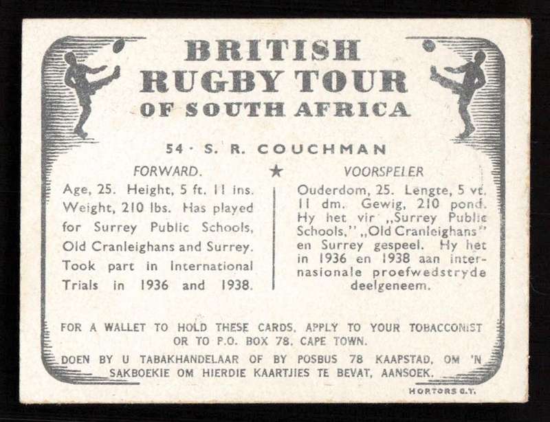 United Tobacco 1938 British Rugby Tour Cigarette Card 54 S. R. Couchman