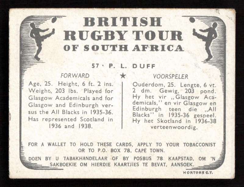United Tobacco 1938 British Rugby Tour Cigarette Card 57 P. L. Duff