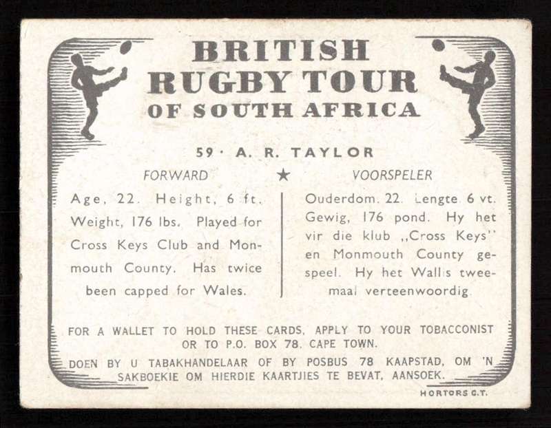 United Tobacco 1938 British Rugby Tour Cigarette Card 59 A. R. Taylor