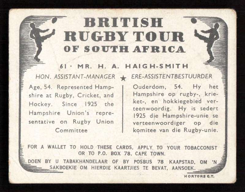 United Tobacco 1938 British Rugby Tour Cigarette Card 61 Mr. H. A. Haigh-Smith