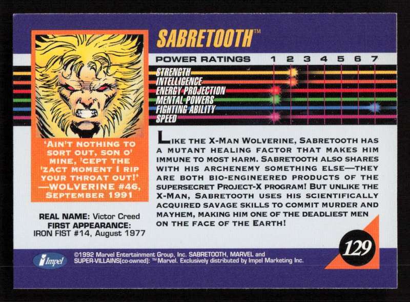 1992 Marvel Entertainment 129 Sabretooth