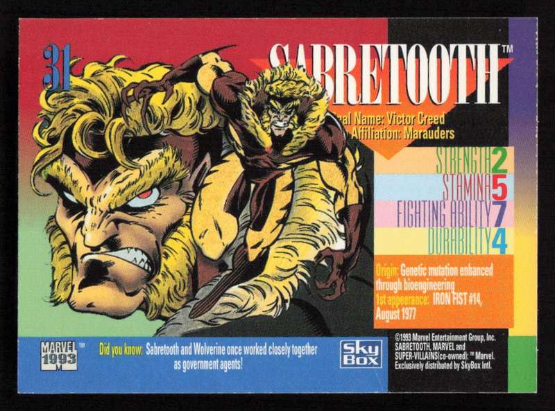 1993 SkyBox Marvel 31 Sabretooth