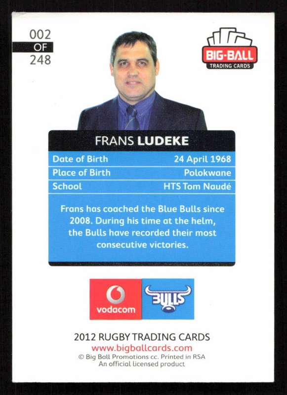 Big Ball 2012 Rugby Trading Card Card 002/248 Frans Ludeke
