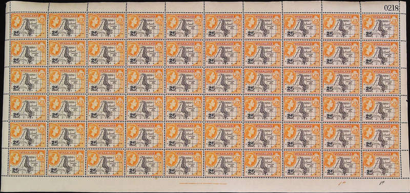 Nyasaland Protectorate 1953 - 54 QEII SG176 2d black and yellow-orange *Complete Sheet No 0218