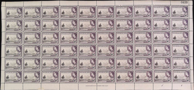 Nyasaland Protectorate 1953 - 54 QEII SG180 6d black and violet *Complete Sheet No 0430 - 0434 SET