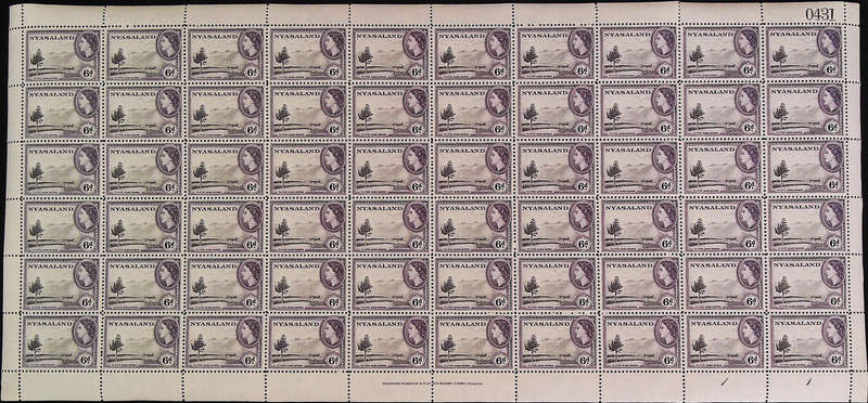Nyasaland Protectorate 1953 - 54 QEII SG180 6d black and violet *Complete Sheet No 0430 - 0434 SET