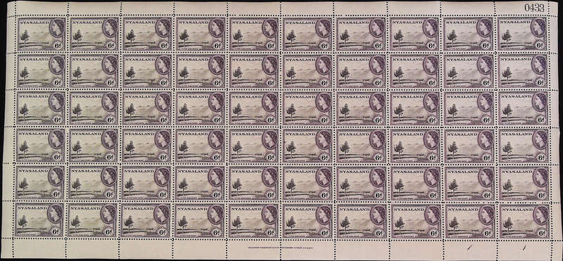 Nyasaland Protectorate 1953 - 54 QEII SG180 6d black and violet *Complete Sheet No 0430 - 0434 SET