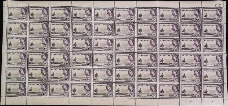 Nyasaland Protectorate 1953 - 54 QEII SG180 6d black and violet *Complete Sheet No 0430 - 0434 SET