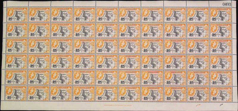 Nyasaland Protectorate 1953 - 54 QEII SG176 2d black and yellow-orange *Complete Sheet No 0493 -0497