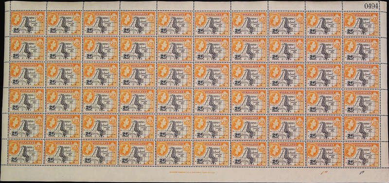 Nyasaland Protectorate 1953 - 54 QEII SG176 2d black and yellow-orange *Complete Sheet No 0493 -0497