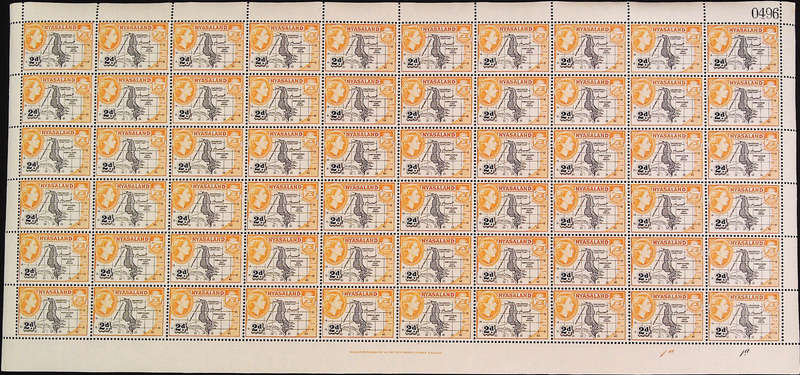 Nyasaland Protectorate 1953 - 54 QEII SG176 2d black and yellow-orange *Complete Sheet No 0493 -0497