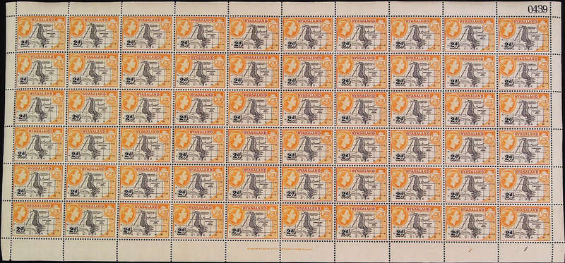 Nyasaland Protectorate 1953 - 54 QEII SG176 2d black and yellow-orange *Complete Sheet No 0439