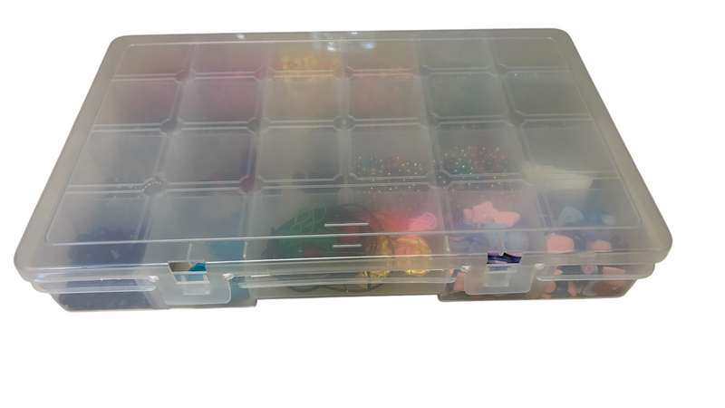 BEADS - ASSORTED BEADS - INCLUDING CONTAINER - CONTAINER SIZE 35CM X 22CM