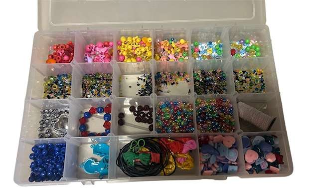 BEADS - ASSORTED BEADS - INCLUDING CONTAINER - CONTAINER SIZE 35CM X 22CM