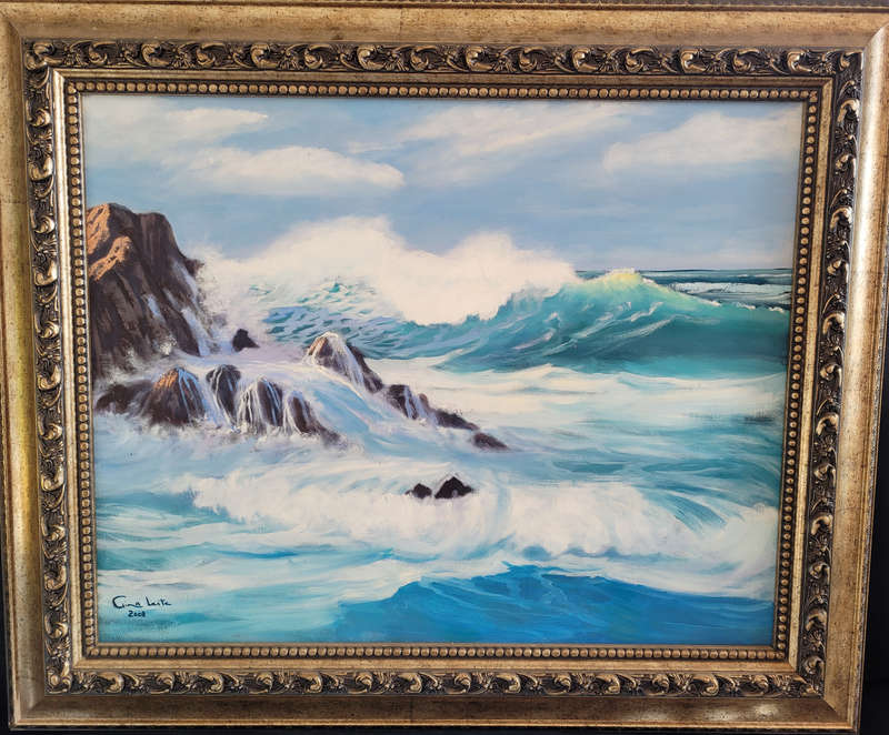 LARGE, ORNATELY FRAMED AND BEAUTIFUL GINA LEITE, SIGNED SEASCAPE