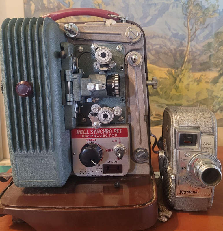 KEYSTONE 8MM MOVIE RECORDER CAMERA AND BELL AND KOON SYNCHRO PET PROJECTOR.