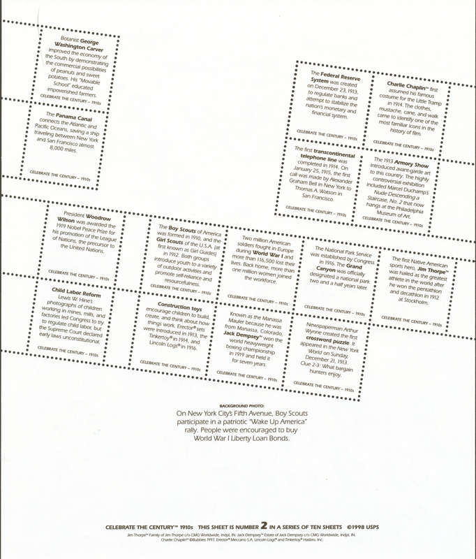 USA 1998 Celebrate the Century: 1900s: Full Pane of Fifteen x 32 Cent Postage Stamps. Scott #3182.