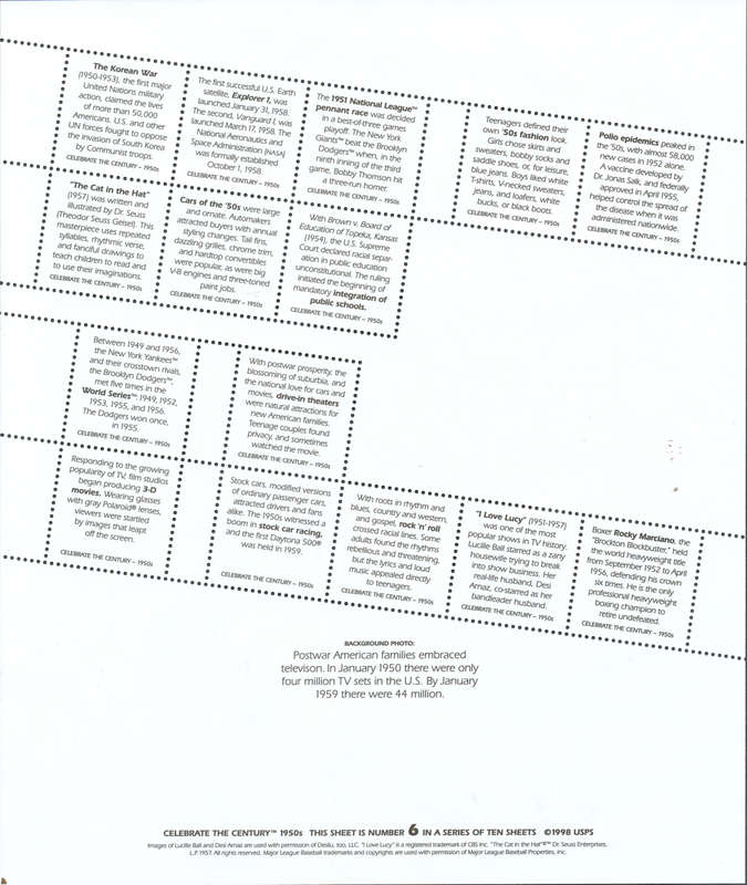USA 1999 Celebrate the Century: 1950s: Full Pane of Fifteen x 33 Cent Postage Stamps. Scott #3187.