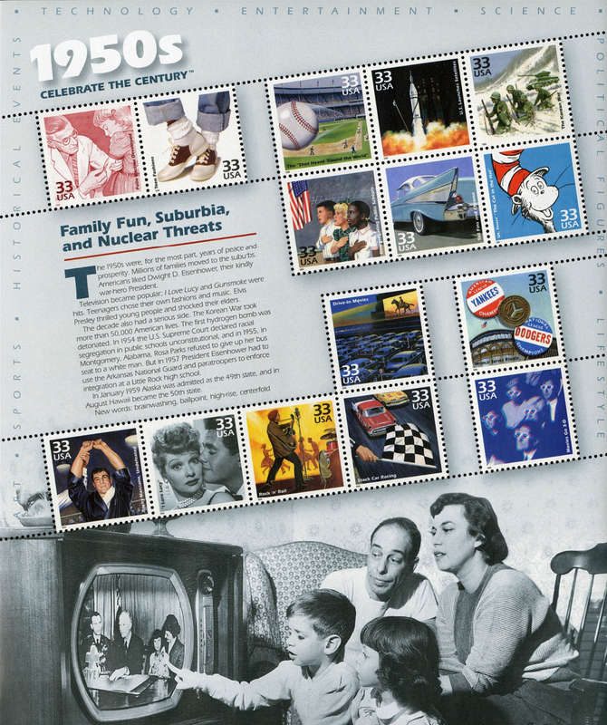 USA 1999 Celebrate the Century: 1950s: Full Pane of Fifteen x 33 Cent Postage Stamps. Scott #3187.