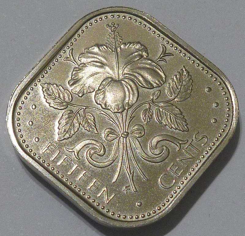 1974 Commonwealth of the Bahamas Fifteen Cents Hibiscus Uncirculated Proof Coin from a Proof Set.