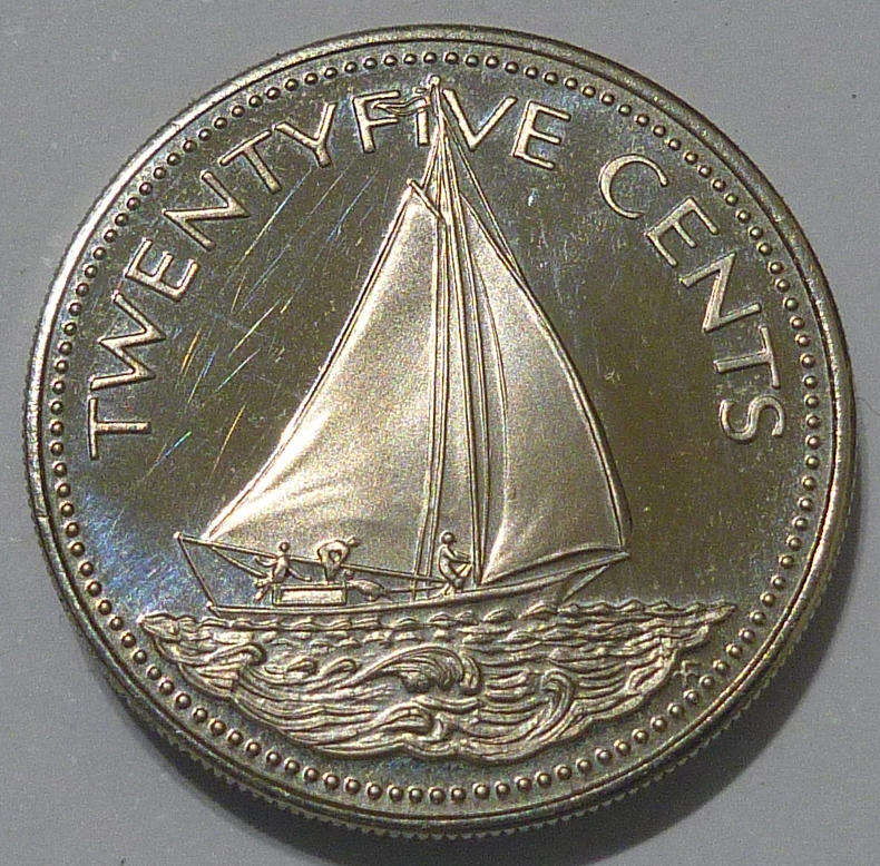 1974 Commonwealth of the Bahamas Twenty-Five Cents Sailboat Uncirculated Proof Coin from a Proof Set