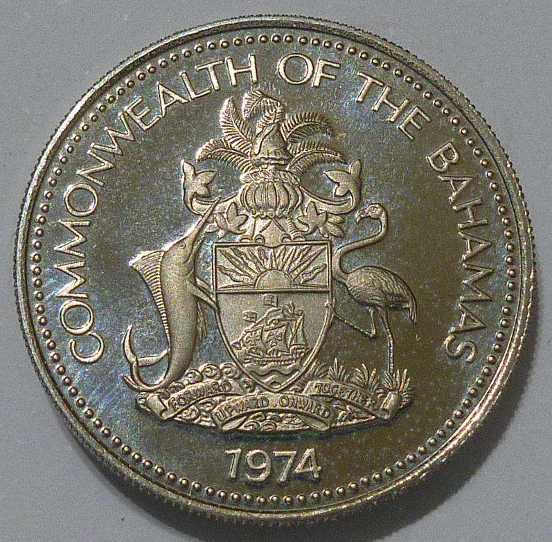 1974 Commonwealth of the Bahamas Twenty-Five Cents Sailboat Uncirculated Proof Coin from a Proof Set