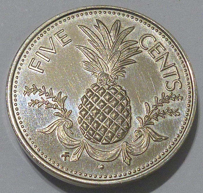 1974 Commonwealth of the Bahamas Five Cents Pineapple Uncirculated Proof Coin from a Proof Set.