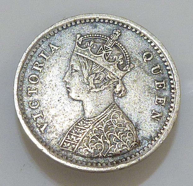 RARE! British India 1874 B Queen Victoria 2 Annas, No Dot, XF+ 16mm
