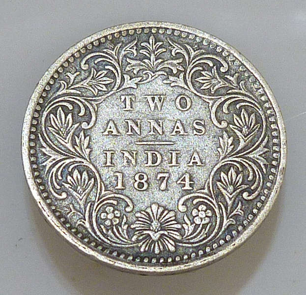 RARE! British India 1874 B Queen Victoria 2 Annas, No Dot, XF+ 16mm