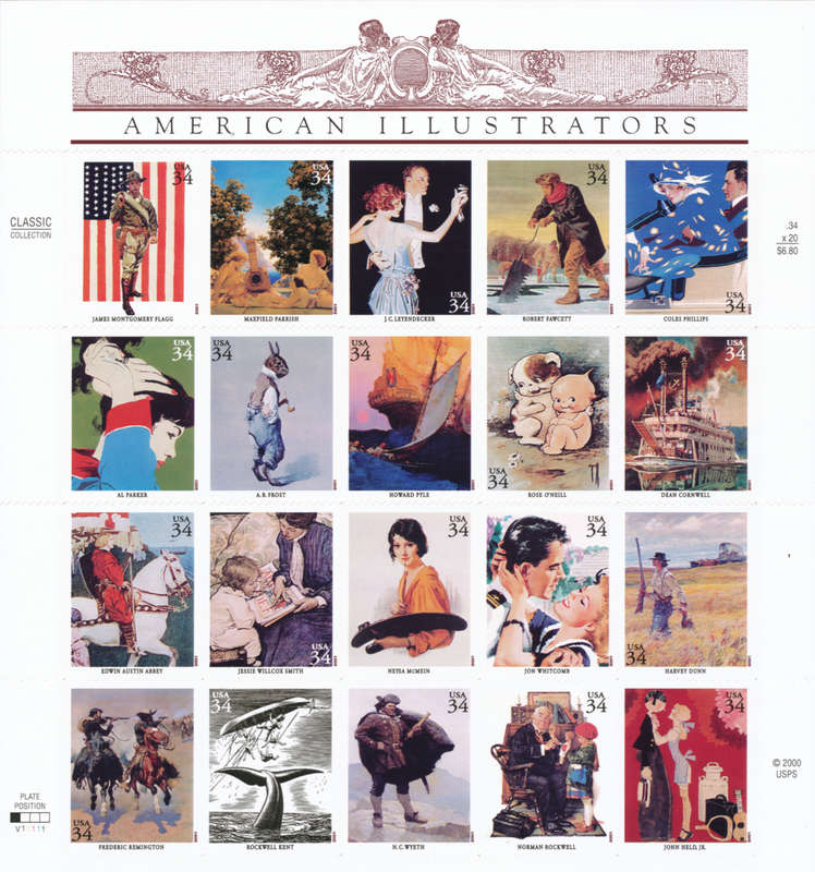 USA 2001 American Illustrators: Scott #3502. Full Pane of Twenty x 34 Cent Postage Stamps.