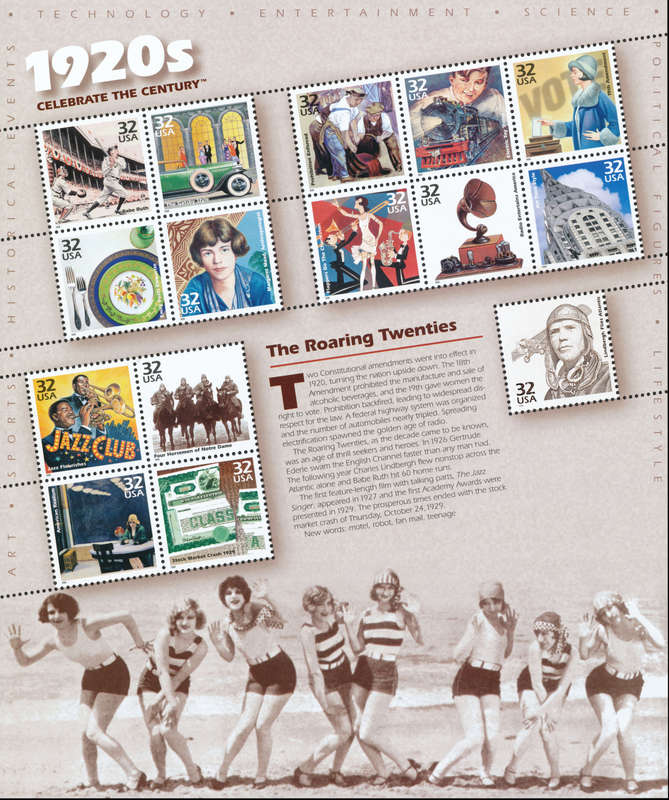 USA 1998 Celebrate the Century: 1920s: Full Pane of Fifteen x 32 Cent Postage Stamps, Scott #3184.