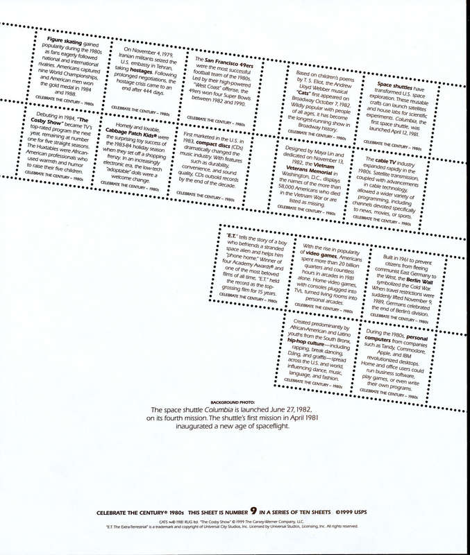 USA - 2000 Celebrate the Century: 1980s: Full Sheet of Fifteen x 33 Cent Postage Stamps. Scott #3190