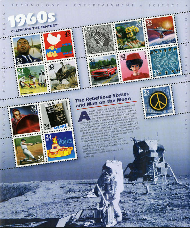 USA 1999 Rebellious Sixties: Man on the Moon: Pane of Fifteen x 33 Cent Postage Stamps. Scott #3188.