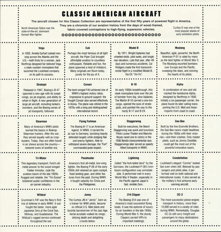 USA 1997 Classic American Aircraft: Full Pane of Twenty x 32 Cent Postage Stamps. Scott #3142.