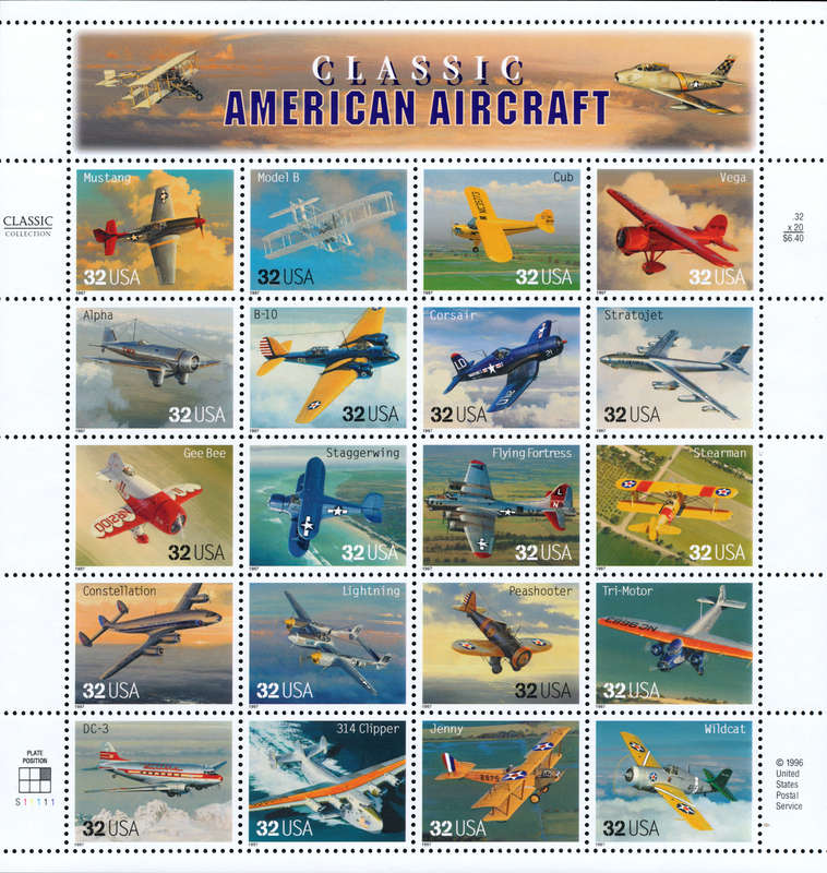 USA 1997 Classic American Aircraft: Full Pane of Twenty x 32 Cent Postage Stamps. Scott #3142.
