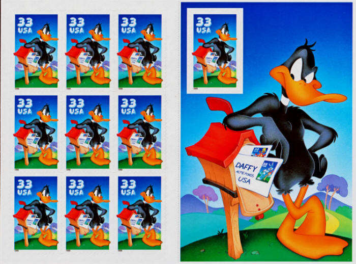 USA 1999 Daffy Duck: Pane of Ten x 33 Cent Postage Stamps. Scott #3306. Full Mint Plate Block.